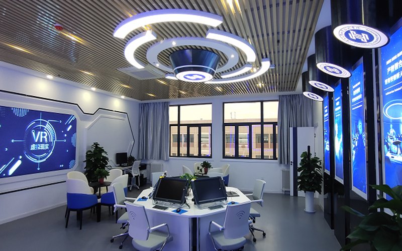VR vocational training room with interactive displays